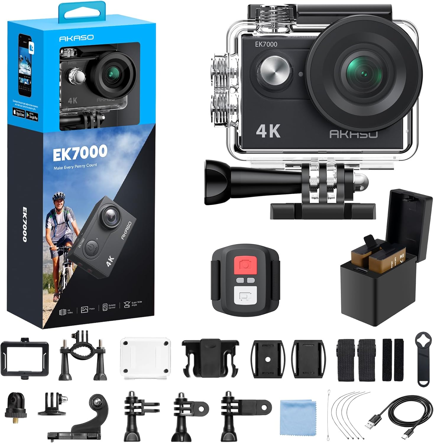 AKASO EK7000 4K30fps Action Camera - 131ft Waterproof Camera with EIS 4X Zoom Remote Control Ultra HD 20MP Underwater Camera with Accessories Kit