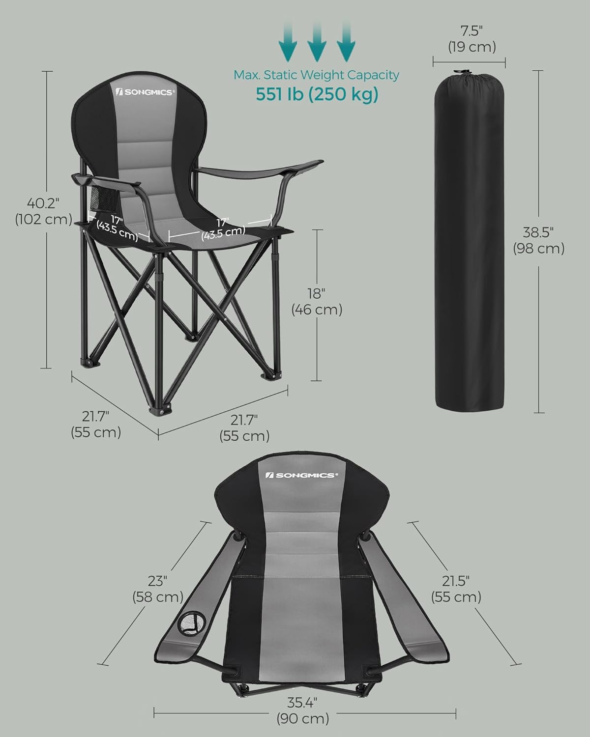 SONGMICS Folding Camping Chair, with Comfortable Sponge Seat, Cup Holder, Heavy Duty Structure, Max Load Capacity 551 lb, Outdoor Picnic Chair, Gray and Black UGCB006G01 - Image 3