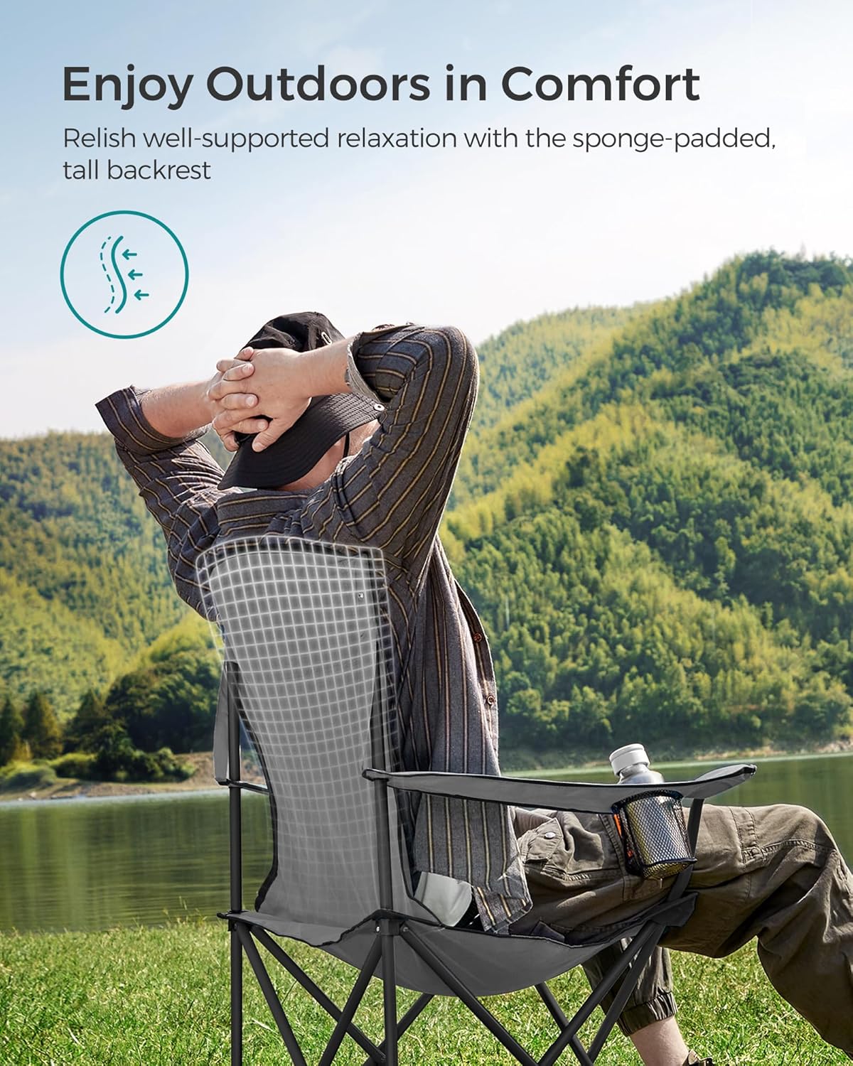 SONGMICS Folding Camping Chair, with Comfortable Sponge Seat, Cup Holder, Heavy Duty Structure, Max Load Capacity 551 lb, Outdoor Picnic Chair, Gray and Black UGCB006G01 - Image 4