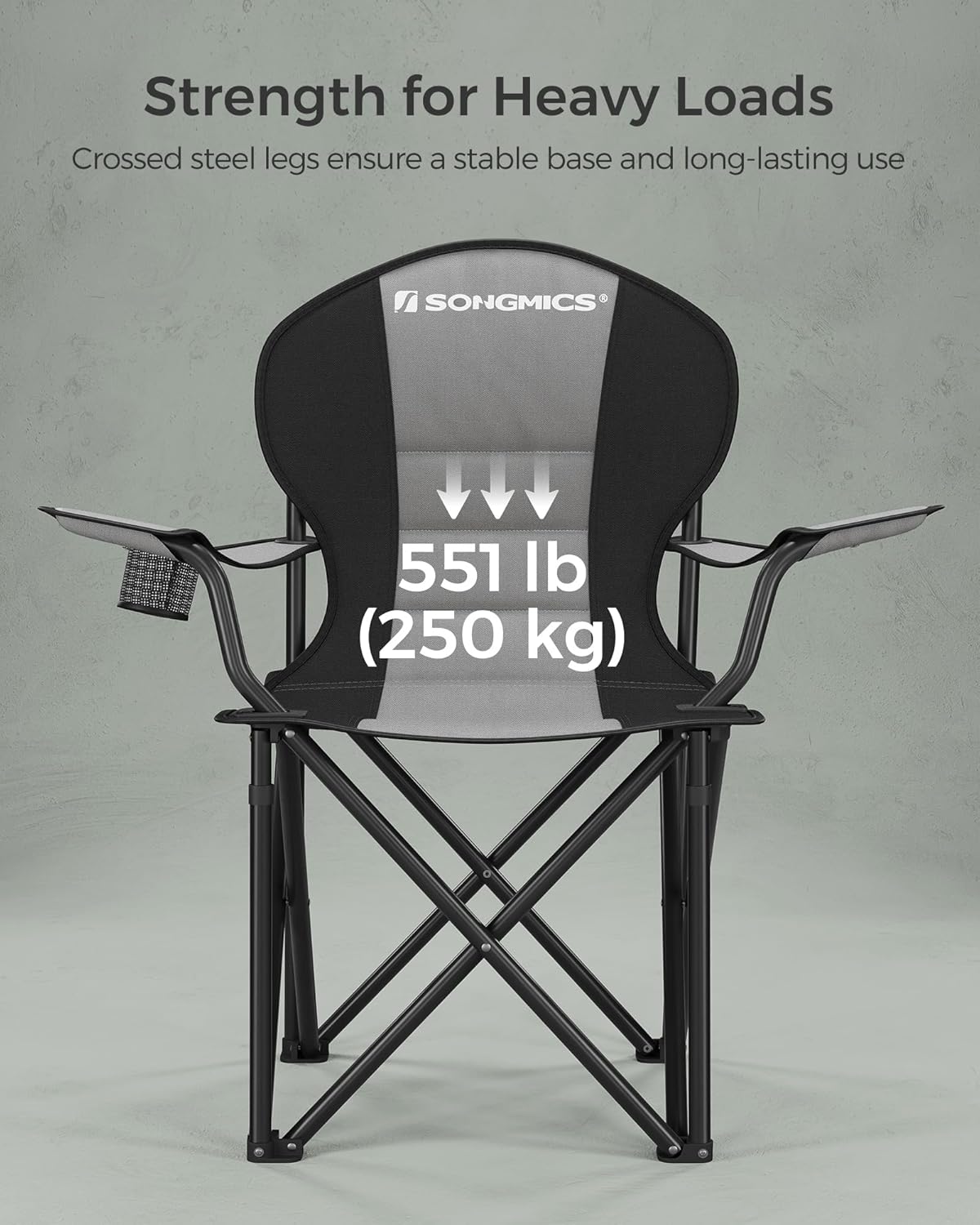 SONGMICS Folding Camping Chair, with Comfortable Sponge Seat, Cup Holder, Heavy Duty Structure, Max Load Capacity 551 lb, Outdoor Picnic Chair, Gray and Black UGCB006G01 - Image 5