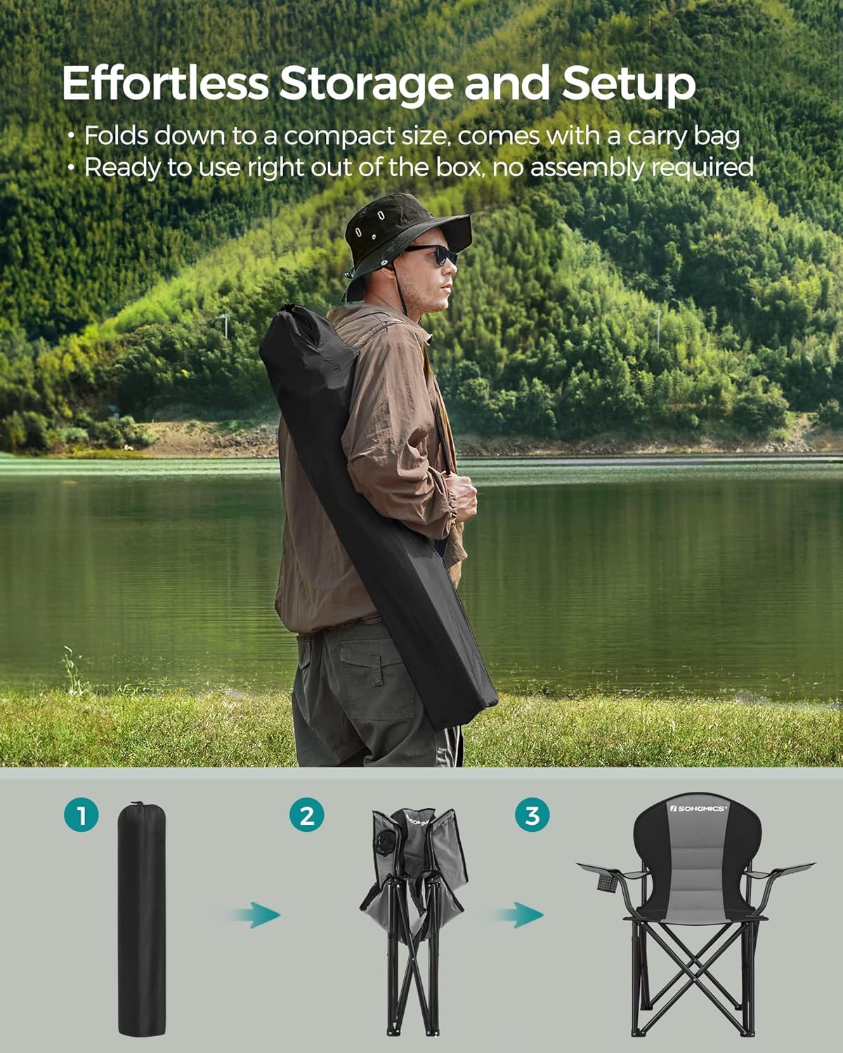 SONGMICS Folding Camping Chair, with Comfortable Sponge Seat, Cup Holder, Heavy Duty Structure, Max Load Capacity 551 lb, Outdoor Picnic Chair, Gray and Black UGCB006G01 - Image 8