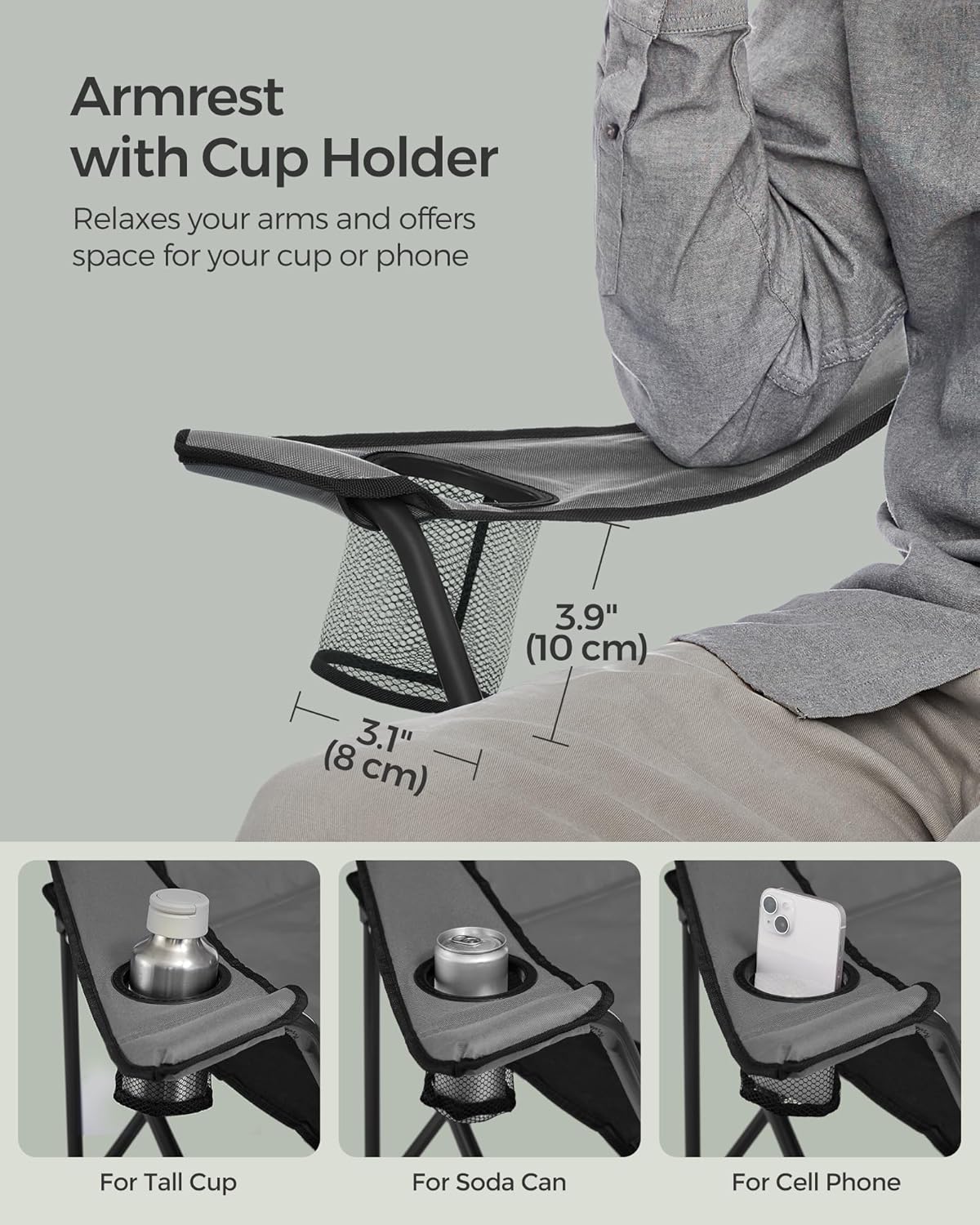 SONGMICS Folding Camping Chair, with Comfortable Sponge Seat, Cup Holder, Heavy Duty Structure, Max Load Capacity 551 lb, Outdoor Picnic Chair, Gray and Black UGCB006G01 - Image 9