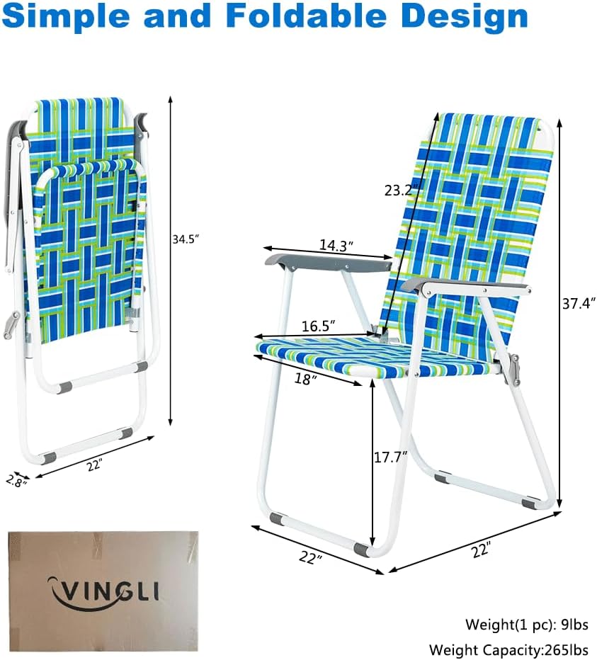 VINGLI Patio Lawn Webbed Folding Chairs Set of 2, Outdoor Beach Portable Lawn Chair Camping Chair Beach Chair for Yard, Garden Dining (Blue, Classic) - Image 6